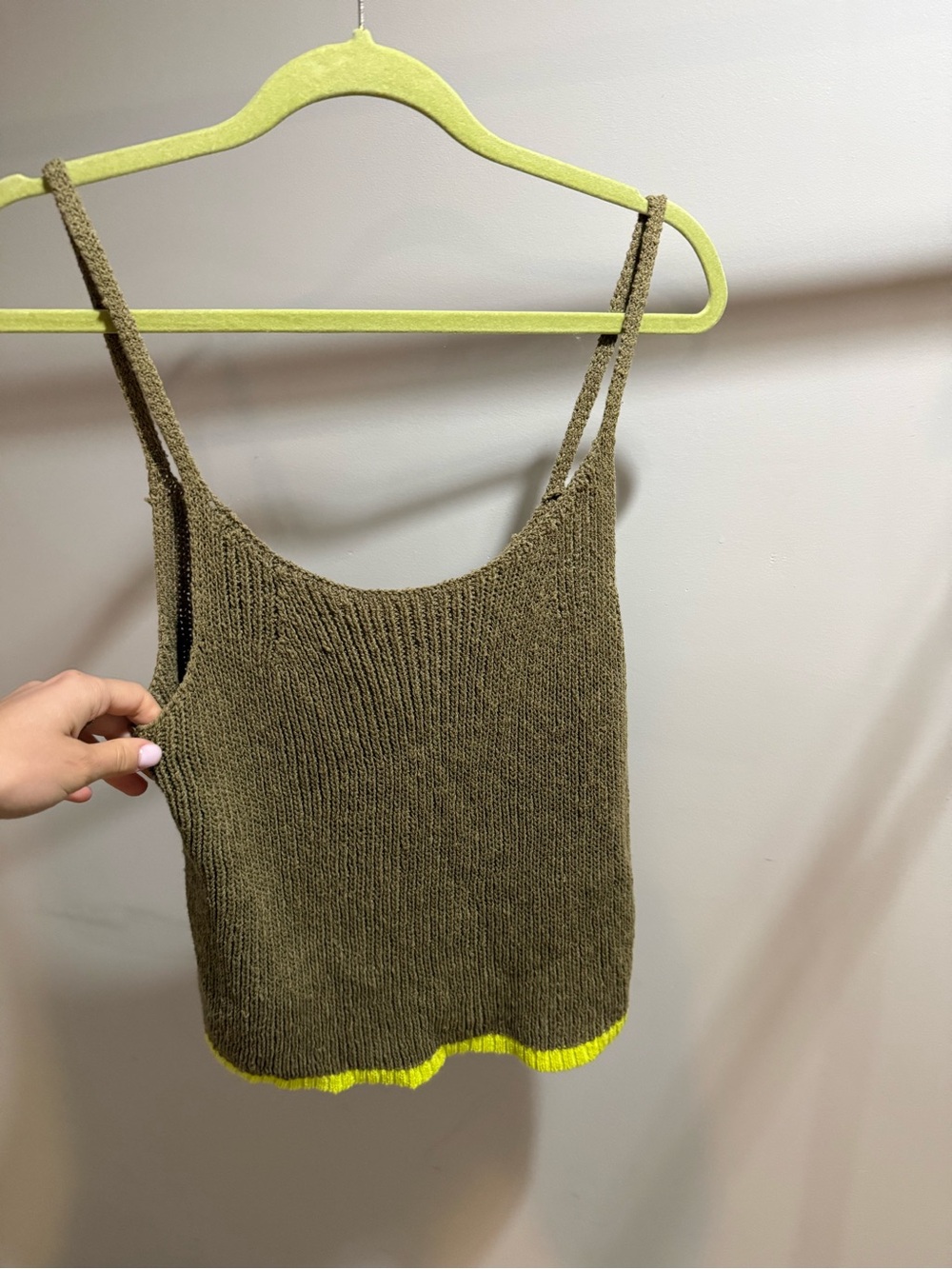 Pilcro Olive Knit Tank with Neon Yellow Trim